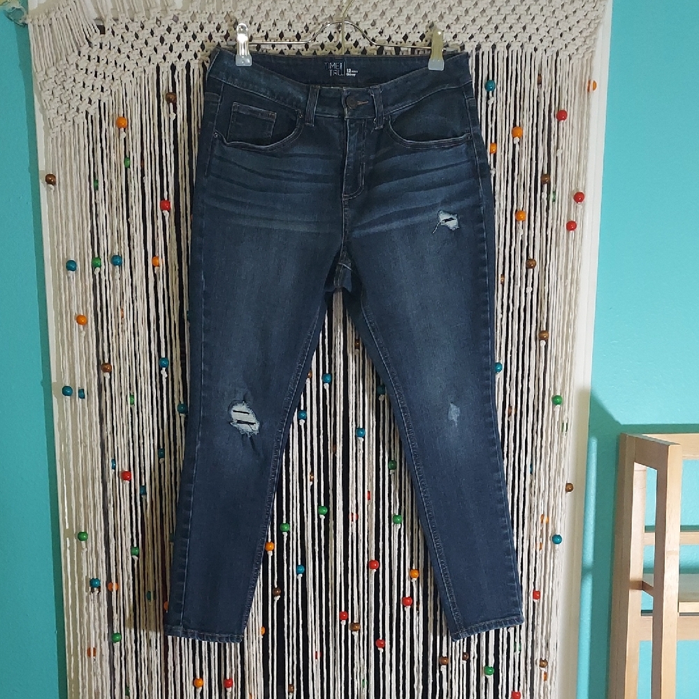 Time and Tru Dark Blue Distressed Skinny Ankle Jeans
